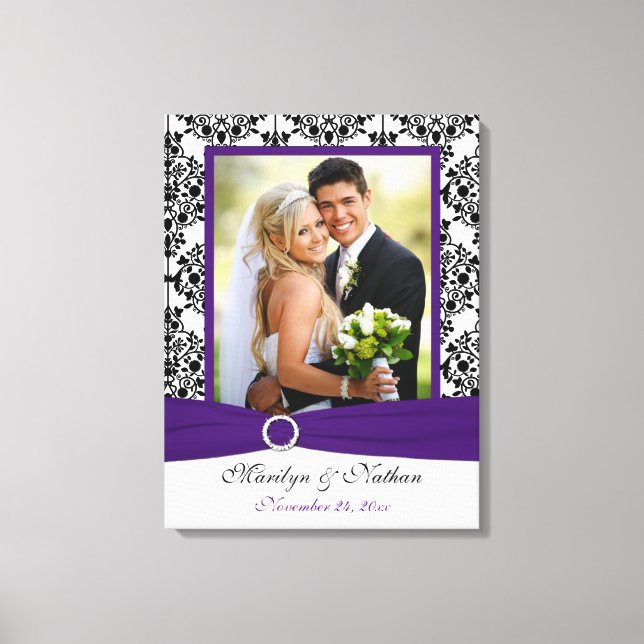Canvas Roxo, Preto, Casamento tema damasco Branco (Frente)