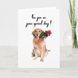 Cão bonito com flor na boca, cartão de aniversário