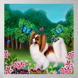 Cão de Papillon no impressão do jardim