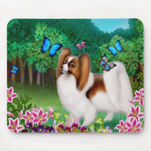 Cão de Papillon no jardim Mousepad (Frente)