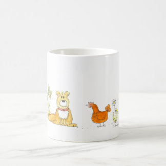Cão desgrenhado e caneca vermelha da galinha