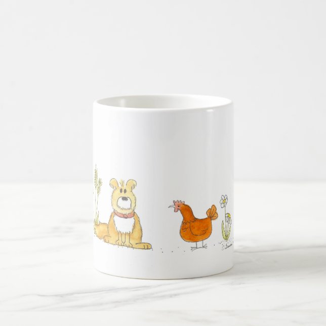 Cão desgrenhado e caneca vermelha da galinha (Centro)