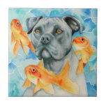 Cão do pitbull do guardião | e aguarela dos peixes<br><div class="desc">Esta é uma pintura da aguarela de um cão do pitbull e de uns peixes dourados alaranjados que flutuam em torno dele. Eu usei pinturas da aguarela de Holbein e de Daniel Smith no papel pressionado quente dos arcos.</div>