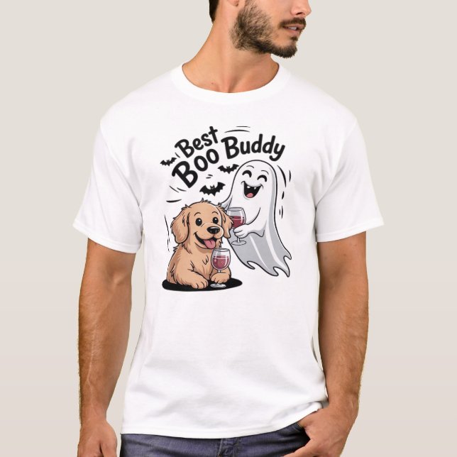 Cão e fantasma a beber vinho. Camiseta Clássica (Frente)