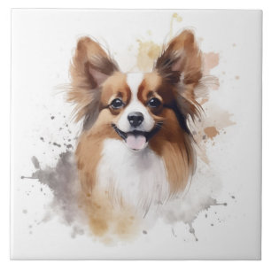 Cão Papillon Marrom e Branco Aquarela