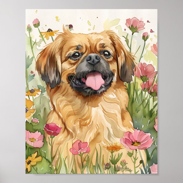 Cão Pekingês Fluffy Watercolor Poster (Frente)