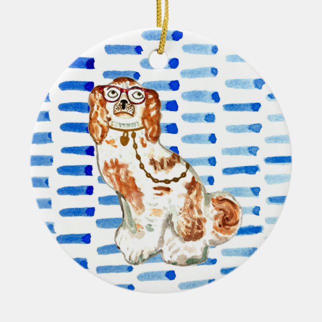 Cão Staffordshire em ornamento cerâmico azul (Frente)