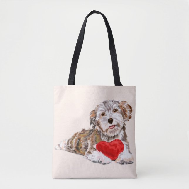 Cãozinho com o Saco de Tote de Presente Coração (Frente)