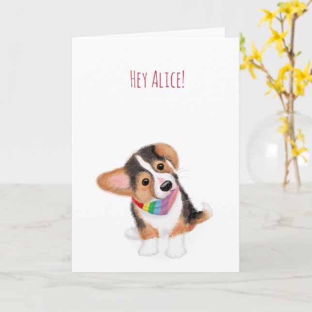 Cãozinho Corgi ei aí, cartão personalizado arco-ír (Flor Amarela)