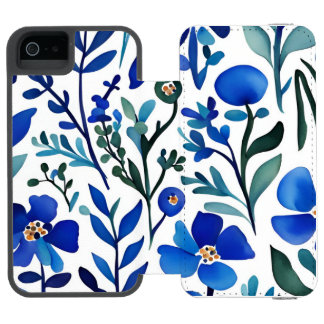 Capa Carteira Incipio Watson™ Para iPhone 5 Blue Flowers Watercolor Art Pattern 