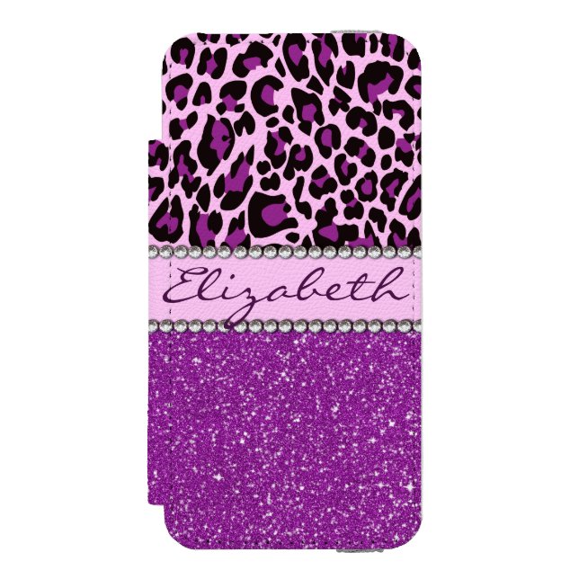 Capa Carteira Para iPhone, Incipio Brilho roxo personalizado do impressão do leopardo (Frente do fólio)