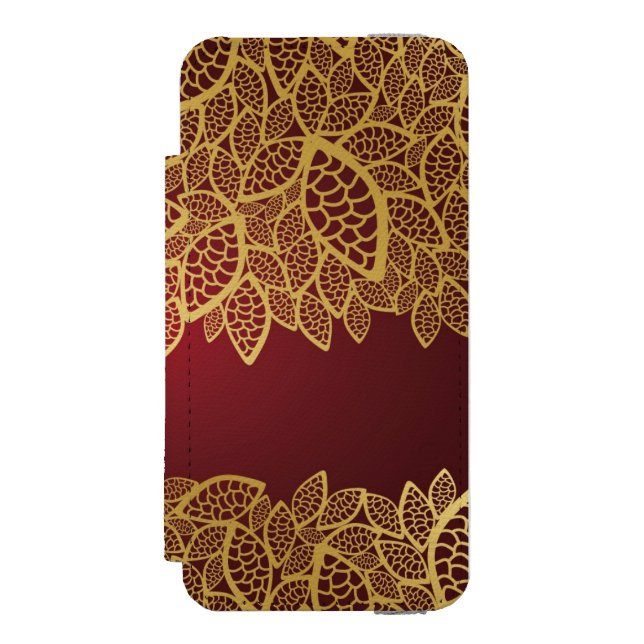 Capa Carteira Para iPhone, Incipio Laço dourado da folha no fundo vermelho (Frente do fólio)