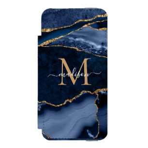 Capa Carteira Incipio Watson™ Para iPhone 5 Monograma Feminino de Geodo de Ágata Azul Dourada