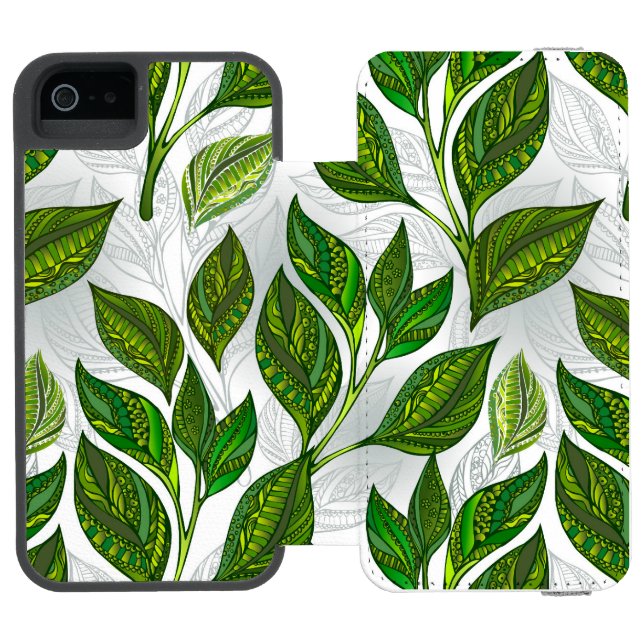 Capa Carteira Para iPhone, Incipio Padrão sem costura com folhas verdes de chá (Fólio aberto)