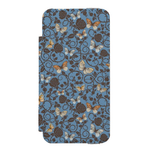 Capa Carteira Para iPhone, Incipio teste padrão com rosas e borboleta (Frente do fólio)