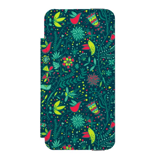 Capa Carteira Para iPhone, Incipio Teste padrão floral com pássaros 2 dos desenhos (Frente do fólio)