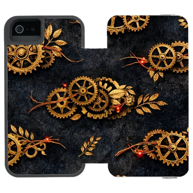 Capa Carteira Para iPhone, Incipio Vintage Gold Gears & Red Neon Mythic Cyberpunk  (Fólio aberto)