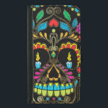 Capa Carteira Para Samsung Galaxy S5 Acentos Coloridos De Glitter Crânio De Açúcar Retr<br><div class="desc">Legal textura retrógrada e colorida do crânio esbranquiçado,  com tons de ouro acentos,  queimando velas para os olhos. Fundo preto</div>