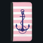 Capa Carteira Para Samsung Galaxy S5 Âncora Náutica Azul, Stripes Cor-de-rosa e branco<br><div class="desc">Padrão de listras brancas e rosas claro com ilustração simples de âncora náutica marinho azul de barco. Monograma personalizável na cor de fonte rosa sugerida. Tamanho da âncora ajustável.</div>