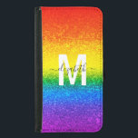 Capa Carteira Para Samsung Galaxy S5 Chic Rainbow Glitter Strike Monograma Nome<br><div class="desc">Carregar este glitter personalizado e este maleta LGBT personalizado para mostrar seu suporte. O design de striptep do arco-íris inclui tons de vermelho, laranja, amarelo, verde, azul e roxo em brilho sujo e brilhos com um monograma inicial em branco e um nome em um roteiro preto moderno para você personalizar....</div>