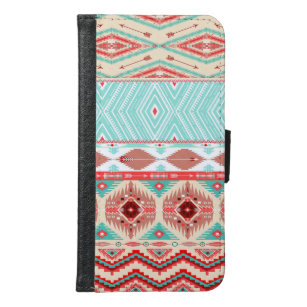 Capa Carteira Para Samsung Galaxy S6 Coral-rosa-branca e azul-boho tribal padrão asteca