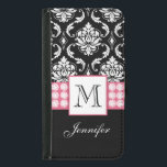 Capa Carteira Para Samsung Galaxy S5 Diamantes Pretos Rosa Personalizados<br><div class="desc">Personalizada com seu nome e monograma,  esta Cor damasco preta e branca com uma imagem impressa de diamante em uma banda rosa ou listras é uma engraçada design perfeita para ela,  a modista. Elke Clarke</div>