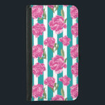 Capa Carteira Para Samsung Galaxy S5 Flores de Pêonias Rosa Quente em Stripes Brancas e<br><div class="desc">Flores de Pêonias Rosa Quente em Teal e White Stripes - design feminina bonito para proteger seu telefone.</div>