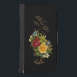 Capa Carteira Para Samsung Galaxy S4 Flores Elegantes e Rolos Dourados<br><div class="desc">Cor rica das rosas vermelhas amarelas e azuis,  e várias flores brancas e azuis com folhas douradas e rolhas sobre fundo preto.</div>