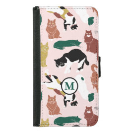Capa Carteira Para Samsung Galaxy S5 Gatos encantadores desenhados à mão em fundo rosa