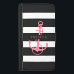 Capa Carteira Para Samsung Galaxy S5 Listras e Âncora de Barcos em Branco e Rosa Pretos<br><div class="desc">Imagem da âncora náutica do barco,  cor-de-rosa,  com padrão de faixas brancas preto elegante. Monograma personalizável.</div>