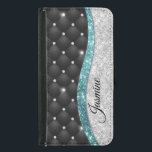 Capa Carteira Para Samsung Galaxy S5 Moedas cinzentas prateadas Monograma preto de lágr<br><div class="desc">Glitter aqua e rochas bonito chic e elegante cinza-azul-turquesa-prateada aqua, brilhando com design preto tufado para criar uma caixa na moda única especial para proteger seu dispositivo. Belo, moderno e legal cobrir para o modesto conhecedor de tendências e adepto da arte. Este na moda sofisticado design seria excelente para meninas...</div>