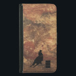 Capa Carteira Para Samsung Galaxy S5 Silhueta de Barrel Racing Girl em uma textura verd<br><div class="desc">Ilustração tematizada de rodeio excitante e rústico. Silhueta de um barril de cowgirl correndo com seu cavalo. O fundo é uma textura áspera,  marrom-curanhada e vermelha,  verde-seca,  verde-verde. Excelente para entusiastas de rodeios e amantes de cavalos.</div>