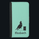 Capa Carteira Para Samsung Galaxy S5 Tema de Rodeio Personalizado Cowgirl Barrel Racer<br><div class="desc">Silhueta de um barril de galinha atlética correndo com seu cavalo. Impressionante ilustração de ação rodeada. O fundo é uma cor verde da menta. Excelente para fãs de rodeios e amantes de cavalos. Personalize com um nome.</div>