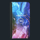 Capa Carteira Para Samsung Galaxy S5 Tinta Líquida Violeta Vermelha Roxa Azul, Monogram<br><div class="desc">Um design de Tinta Líquida Azul,  Roxo e Violeta Vermelha com Monograma e Nome Branco personalizados em azul escuro e círculo dourado.</div>
