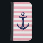 Capa Carteira Para Samsung Galaxy S4 Tinta rosa do Pastel Pink da Âncora Náutica do Mon<br><div class="desc">Design elegante com âncora náutica azul e branca com fundo pastel rosa e listras brancas. Monograma opcional.</div>
