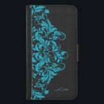 Capa Carteira Para Samsung Galaxy S5 Turquesa Elegante e rendas florais negras<br><div class="desc">Lace floral vintage elegante em turquesa sobre fundo negro. Monograma personalizado e opcional. Se precisar de ajuda para personalizar, mudar de cor ou qualquer outra coisa para qualquer um dos meus designs, entre em contato com o designer do ArtOnWear. Formatação de texto livre com ajuda ao vivo disponível por solicitação....</div>