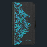 Capa Carteira Para Samsung Galaxy S5 Turquesa Elegante e rendas florais negras<br><div class="desc">Lace floral vintage elegante em turquesa sobre fundo negro. Monograma personalizado e opcional. Se precisar de ajuda para personalizar, mudar de cor ou qualquer outra coisa para qualquer um dos meus designs, entre em contato com o designer do ArtOnWear. Formatação de texto livre com ajuda ao vivo disponível por solicitação....</div>