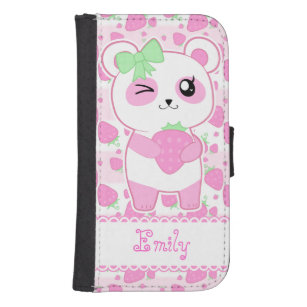 Capa Carteira Para Samsung Galaxy S4 Urso de panda bonito de Kawaii do rosa da morango