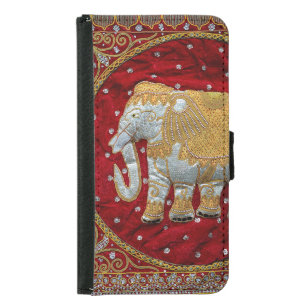 Capa Carteira Para Samsung Galaxy S5 Vermelho Embellished e ouro do elefante indiano