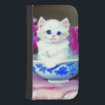 Capa Carteira Para Samsung Galaxy S4 Vintage White Kitten com Flores Rosa<br><div class="desc">Samsung Galaxy Wallet Case com um doce gatinho branco! Este gato fofo se posou em uma tigela azul decorada com flores cor-de-rosa. Um presente maravilhoso para amantes de gatos e entusiastas de arte vitorianos!</div>