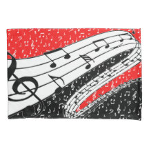 Capa de almofada com tema musical vermelho e preto
