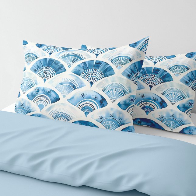 Capa de Almofada Geométrica Aquarela Azul Oceano (Ocean Blue Watercolor Geometric Abstract Elegant Pillowcase)