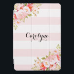 Capa de ipad Personalizada de Peonias de Listras R<br><div class="desc">Cobrir iPad pro feminina e elegante com ilustrações de peões cor-de-rosa,  flores e folhagem. Este cobrir botânico rosa iPad pro será perfeito como um presente personalizado.</div>