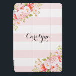 Capa de ipad Personalizada de Peonias de Listras R<br><div class="desc">Cobrir iPad pro feminina e elegante com ilustrações de peões cor-de-rosa,  flores e folhagem. Este cobrir botânico rosa iPad pro será perfeito como um presente personalizado.</div>