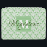 Capa de ipad verde de máscara com monograma<br><div class="desc">Este belo gabinete iPad apresenta uma cor damasco branca clássica sobre um fundo verde sábio. O design é personalizado com uma letra inicial de monograma,  assim como um nome personalizável. Perfeito para o trabalho ou escola,  ou qualquer mulher que queira um caso bonito com um design simples,  mas elegante.</div>