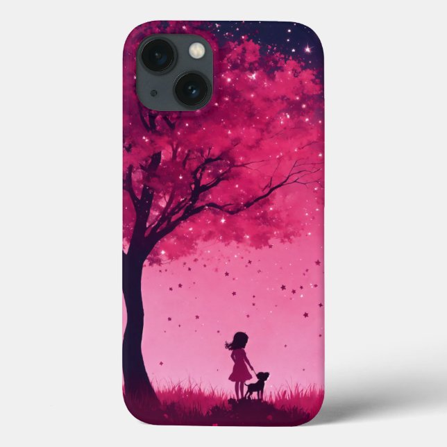 Capa de iphone 13 com árvore rosa e estrelas (Verso)