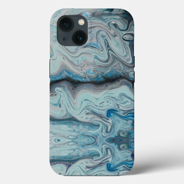 Capa de iPhone 13 em mármore abstrato azul. (Verso)