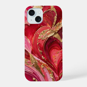 Capa de iPhone 15 Mármore Vermelho e Rosa Dourado