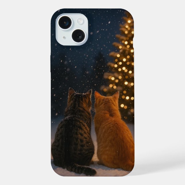 Capa de iPhone 15 Plus Casal de Gatos de Natal (Verso)