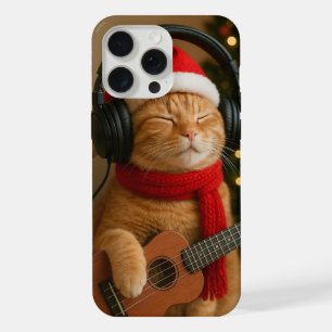 Capa de iPhone 15 Pro Max com gato tocando música 
